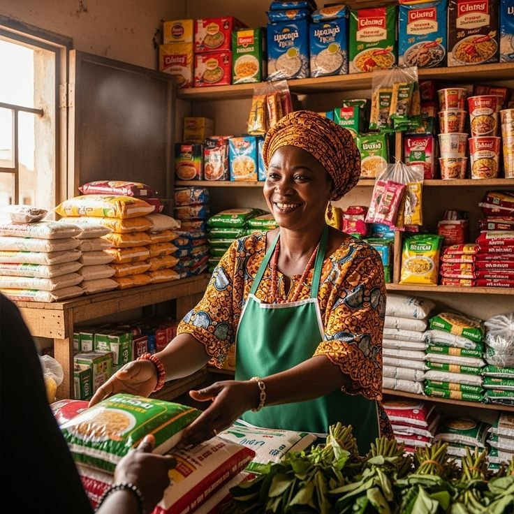 Smiling shop owner serving a customer in a vibrant Nigerian provisions store